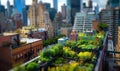 Urban rooftop garden. Modern skyscrapers, view from a terrace