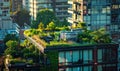 Urban rooftop garden. Modern skyscrapers, view from a terrace