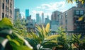 Urban rooftop garden. Modern skyscrapers, view from a terrace