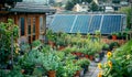 Urban rooftop garden with plants and solar panels.