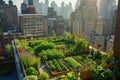 Urban rooftop garden with a view of the cityscape