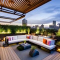 Urban Rooftop Oasis: A rooftop terrace transformed into a lush oasis with a pergola, outdoor kitchen, and comfortable seating, o