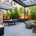 Urban Rooftop Oasis: A rooftop terrace transformed into a lush oasis with a pergola, outdoor kitchen, and comfortable seating, o