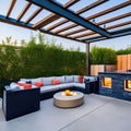Urban Rooftop Oasis: A rooftop terrace transformed into a lush oasis with a pergola, outdoor kitchen, and comfortable seating, o