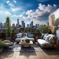 An urban rooftop terrace with a 3D skyline wall mural and chic