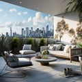 An urban rooftop terrace with a 3D skyline wall mural and