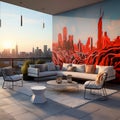An urban rooftop terrace with a 3D skyline wall mural and chic