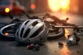 Urban scene with a bike crash road accident lying on the ground, with broken bike and helmet in the middle of the city. Bike crash Royalty Free Stock Photo