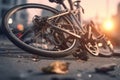 Urban scene with a bike crash road accident lying on the ground, with broken bike and helmet in the middle of the city. Bike crash Royalty Free Stock Photo