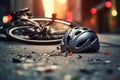 Urban scene with a bike crash road accident lying on the ground, with broken bike and helmet in the middle of the city. Bike crash Royalty Free Stock Photo
