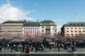 urban scene with blooming trees, buildings and citizens, Stockholm, Sweden