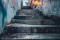 Mysterious urban stairway with graffiti