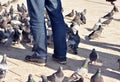 Sarajevo, Europe 09.02.2018, Man standing in city square cobblestone pavement with pigeons around his legs.