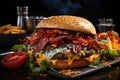 Urban Scene: Gigantic juicy hamburger being prepared, irresistible colors and aromas., generative IA Royalty Free Stock Photo