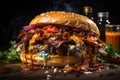 Urban Scene: Gigantic juicy hamburger being prepared, irresistible colors and aromas., generative IA