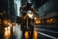 An urban scene showing a motorcycle rider navigating through city streets, embodying the excitement and energy of urban