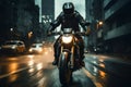 An urban scene showing a motorcycle rider navigating through city streets, embodying the excitement and energy of urban