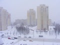 Urban scene after snowfall, cold dawn over frozen city Minsk, Belarus