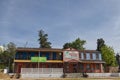 Urban scene vintage Caribbean Restaurant multi color building