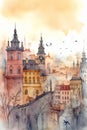 Urban scenery of Old Town of European. Cute cartoon illustration in watercolor style. Generative AI