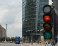 Urban scenery with traffic lights showing the red light - selective focus Royalty Free Stock Photo