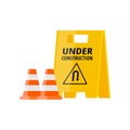 Urban security under construction road sign with two cones