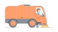 Urban Services And Environment Protection Concept. Worker Sweeper Truck Driver At Work. Man Sweeps City Streets. Urban