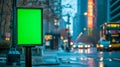 urban setting with a green screen on a billboard in the foreground, and a backdrop of a city street at dusk with blurred Royalty Free Stock Photo