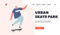 Urban Skate Park Landing Page Template. Mature Man in Modern Clothing and Cap Jumping on Skateboard