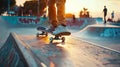 Urban skate park skateboarders performing high octane tricks on graffiti covered ramps