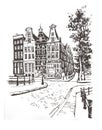 Urban sketch in black color of Amsterdam, Holland