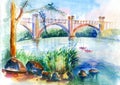 Urban Sketch Of The Bridge River Watercolour