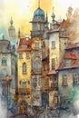 Urban sketch. Old town of European. Cute cartoon illustration in watercolor style. Generative AI Royalty Free Stock Photo
