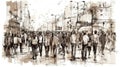 Urban Sketching of a Crowd Walking Panoramic View. Perfect for Posters and Landing Pages.