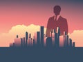 Urban skyline cityscape with businessman standing over. Double exposure vector illustration landscape background.