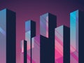 Urban skyline or cityscape in the night with neon color lights vector cartoon. Downtown corporate background.