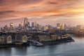 The urban skyline of London during a colorful sunset