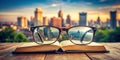 Urban skyline reflected in eyeglasses resting on open book at sunset. Generative AI Royalty Free Stock Photo