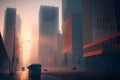 Urban skyscrapers at early foggy morning in the city district. Neural network generated art