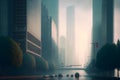 Urban skyscrapers at early foggy morning in the city district. Neural network generated art