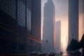 Urban skyscrapers at early foggy morning in the city district. Neural network generated art