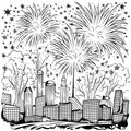 Urban skyscrapers and fireworks shooting in the sky. Black and White coloring sheet. New Year\'s fun and festiv