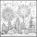 Urban skyscrapers and fireworks shooting in the sky. Black and White coloring sheet. New Year\'s fun and festiv