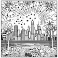 Urban skyscrapers and fireworks shooting in the sky. Black and White coloring sheet. New Year\'s fun and festiv