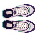 Urban sneakers with laces top view. Unisex sport shoes pair for walking. Fashion footwear model. Stylish trainers