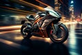 Urban speed concept Motorcycle on road with abstract light trails