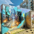 Urban sprawl cityscape metropolis colourful graffiti on wall