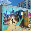 Urban sprawl cityscape metropolis colourful graffiti on wall