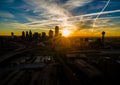 Urban Sprawl Sunrise Dallas Texas Dramatic Sunrise Margaret Hunt Hill Bridge and Reunion Tower Royalty Free Stock Photo