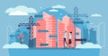 Urban Sprawl vector illustration. Tiny building construction person concept Royalty Free Stock Photo